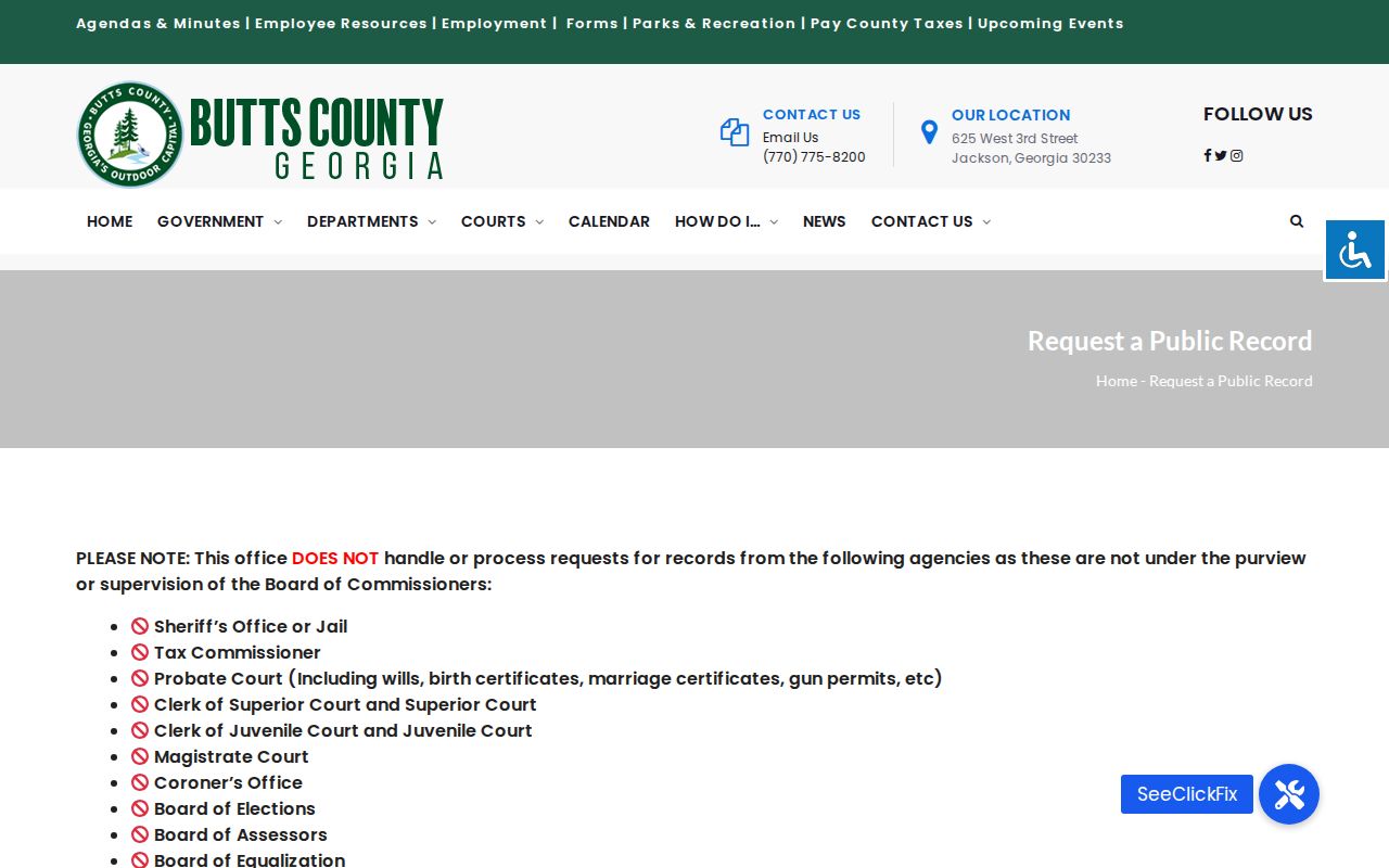 Butts County online open-records request form page