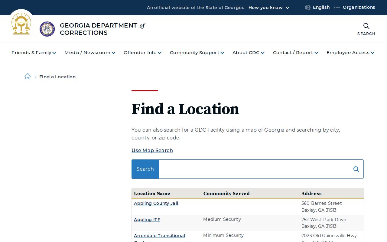 GDC location listing for GA Diagnostic Class Prison
