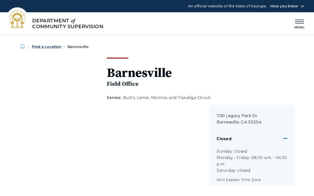 Georgia Department of Community Supervision Barnesville Field Office page serving Butts County