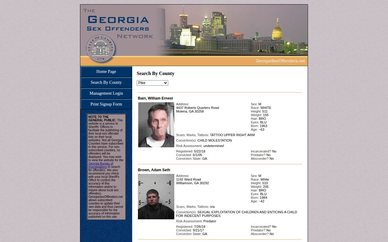 Butts County registry search result fields including photographs